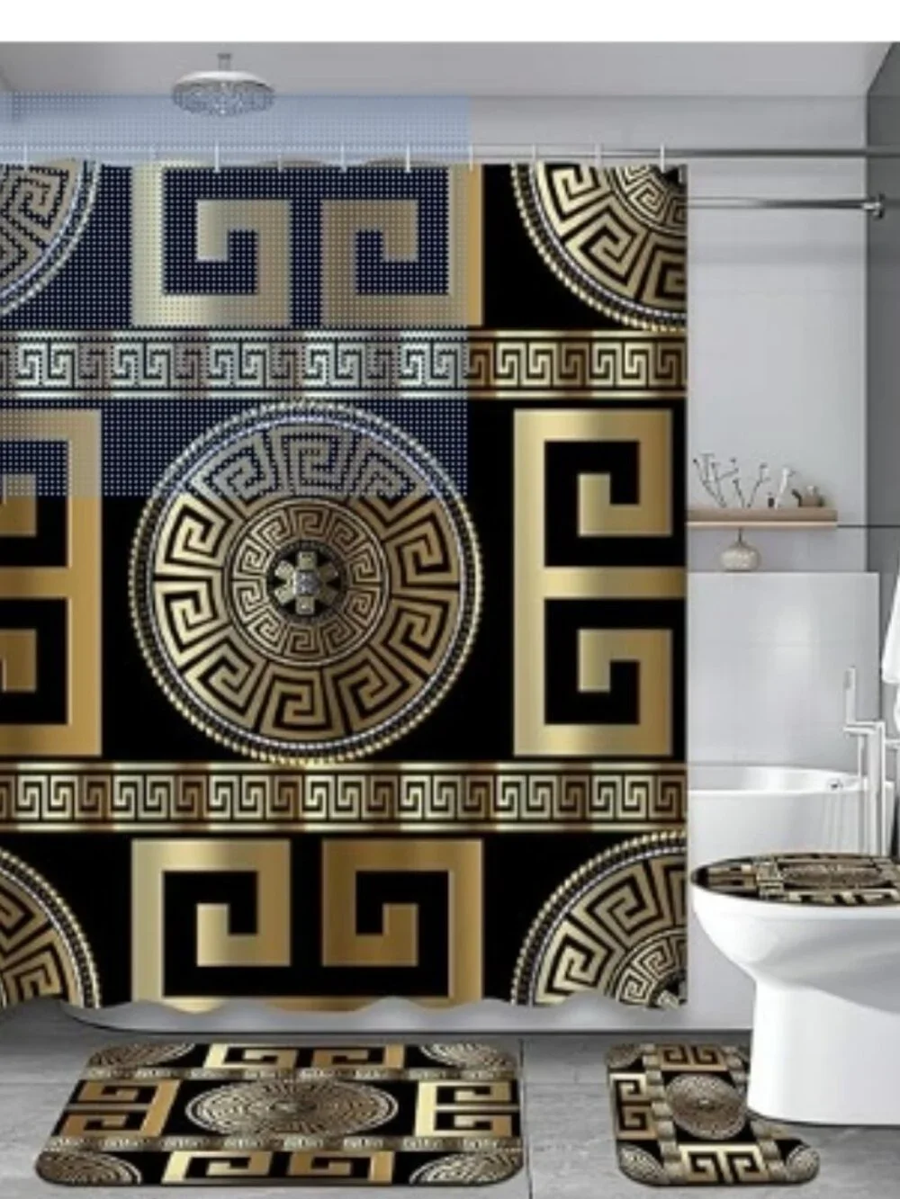 4 Pieces Bath Sets Geometric Black Gold Greek Key Meander